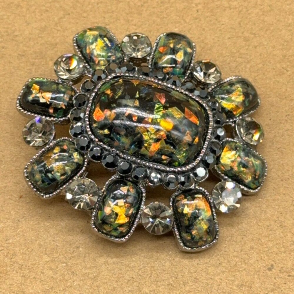 SNK Confetti Brooch Silver Tone Metallic Iridescent Green Gold Smoky Faceted 2" - Picture 3 of 8